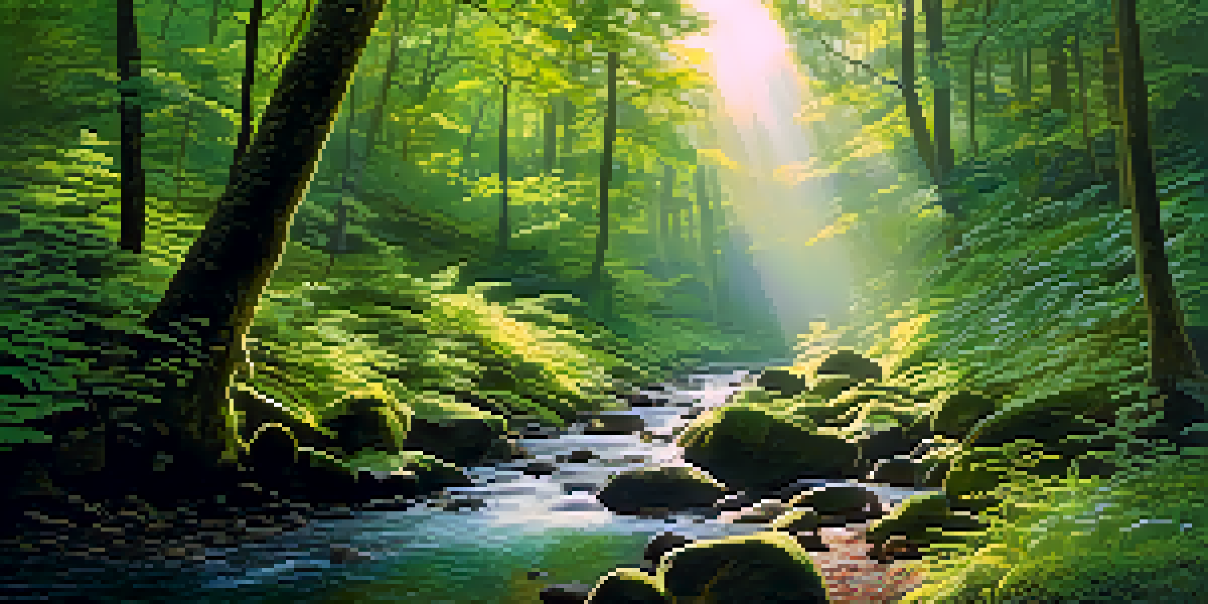 A tranquil green forest scene with sunlight filtering through the trees, showcasing various shades of green and a flowing stream.