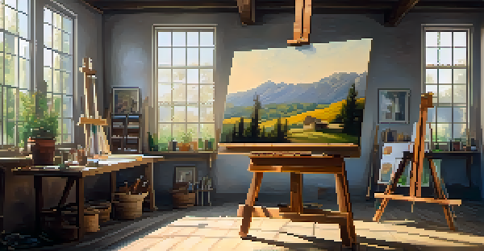 An art studio with a large landscape painting on an easel, surrounded by famous artworks and illuminated by soft sunlight.