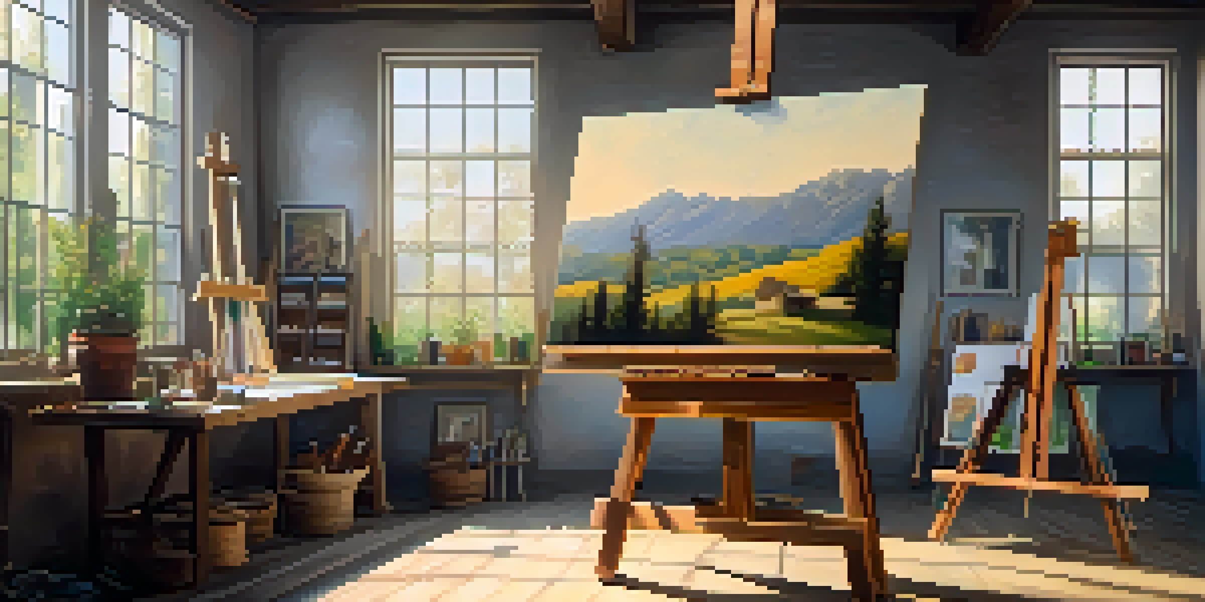 An art studio with a large landscape painting on an easel, surrounded by famous artworks and illuminated by soft sunlight.