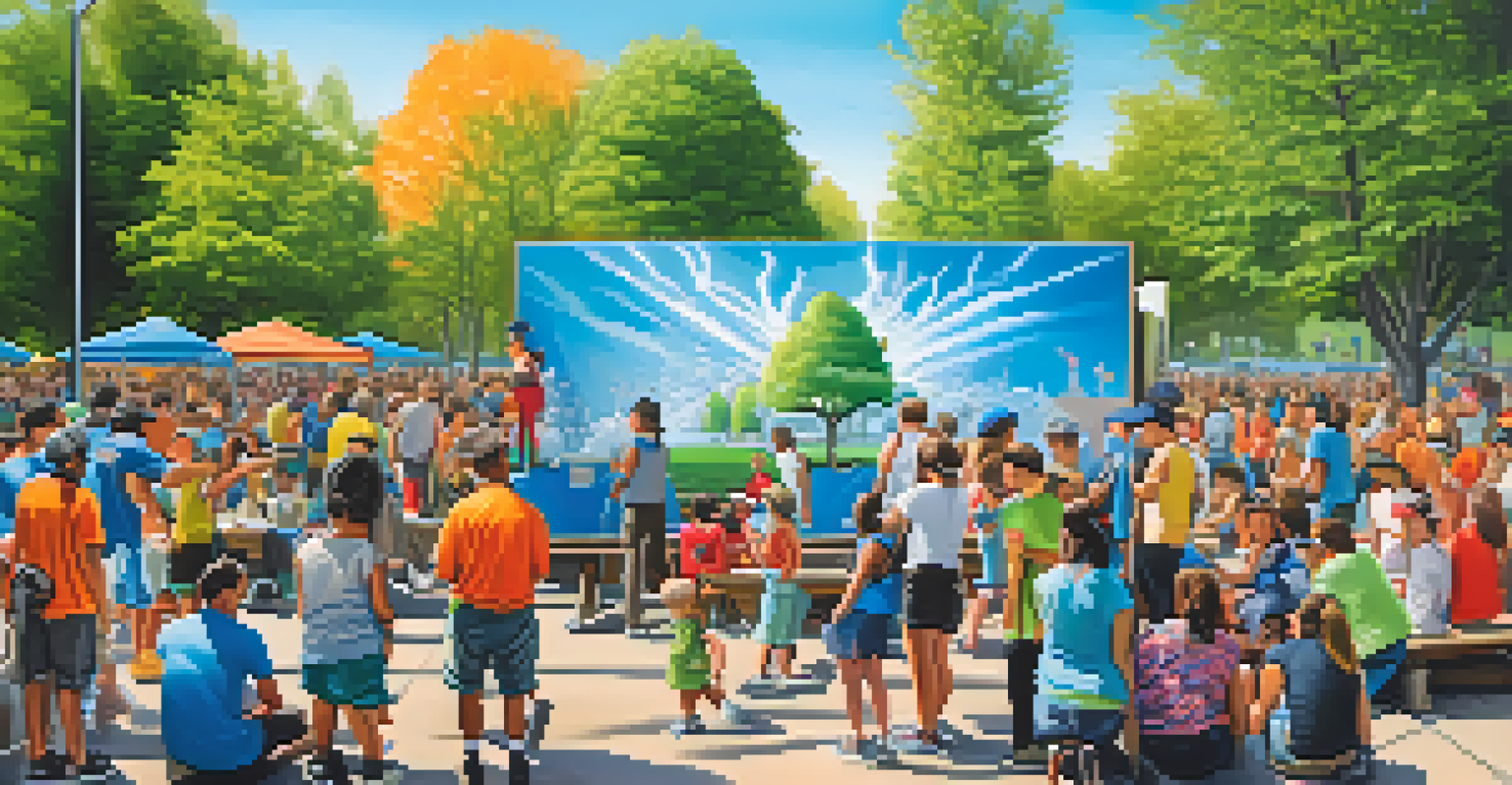 A lively park with artists creating street art, showcasing collaboration and creativity, surrounded by trees and spectators.