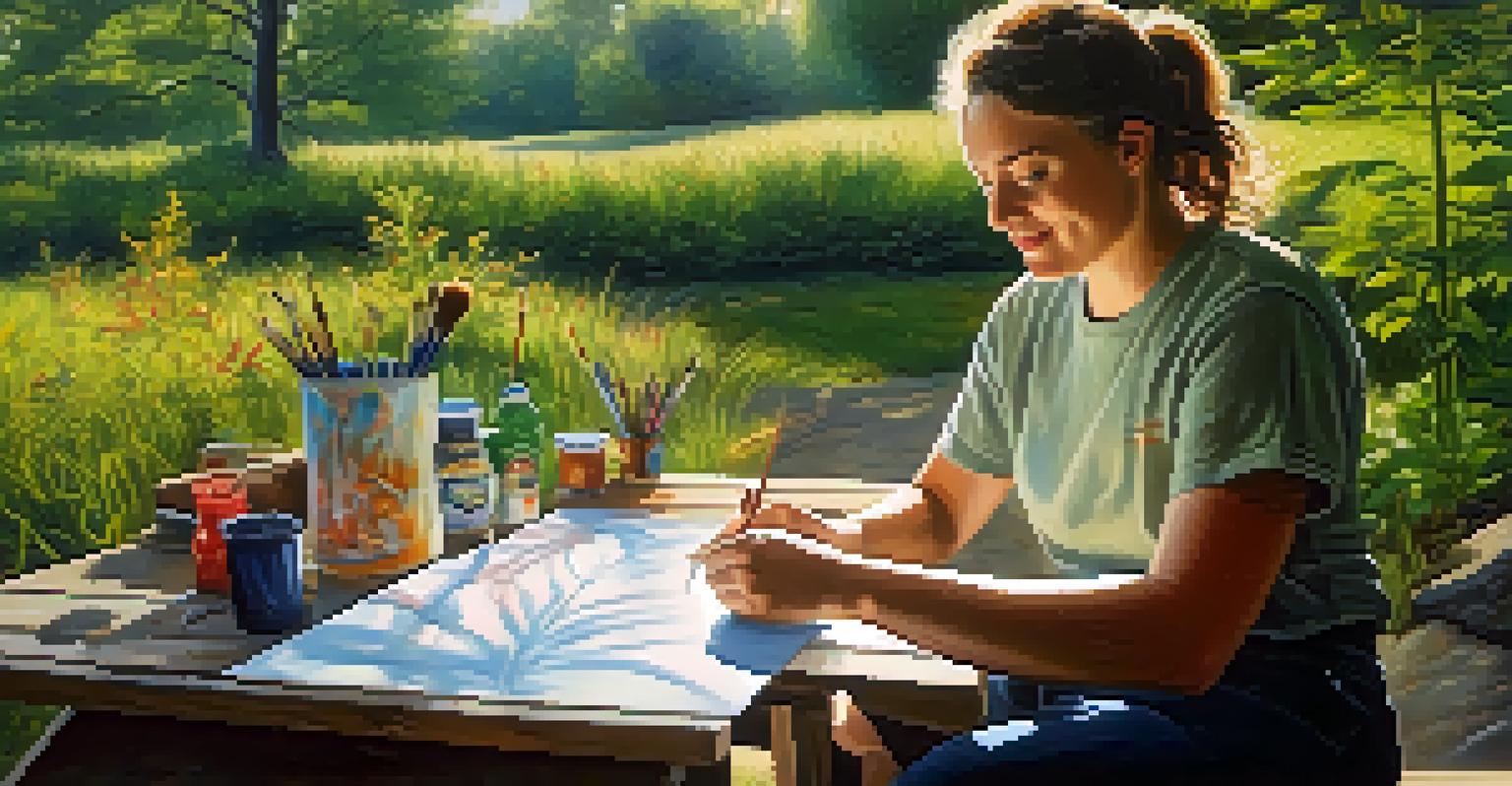 An individual with a physical disability painting on a large canvas outdoors, showing determination and creativity in a natural setting.