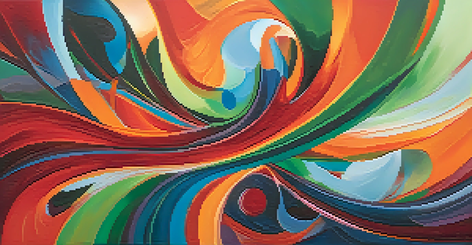 An abstract painting with swirling shapes in reds, oranges, blues, and greens, depicting emotions of chaos and passion.