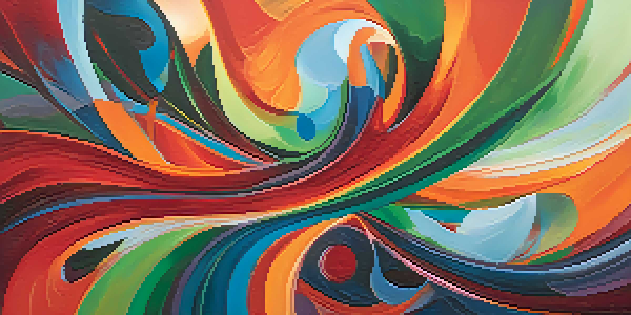 An abstract painting with swirling shapes in reds, oranges, blues, and greens, depicting emotions of chaos and passion.