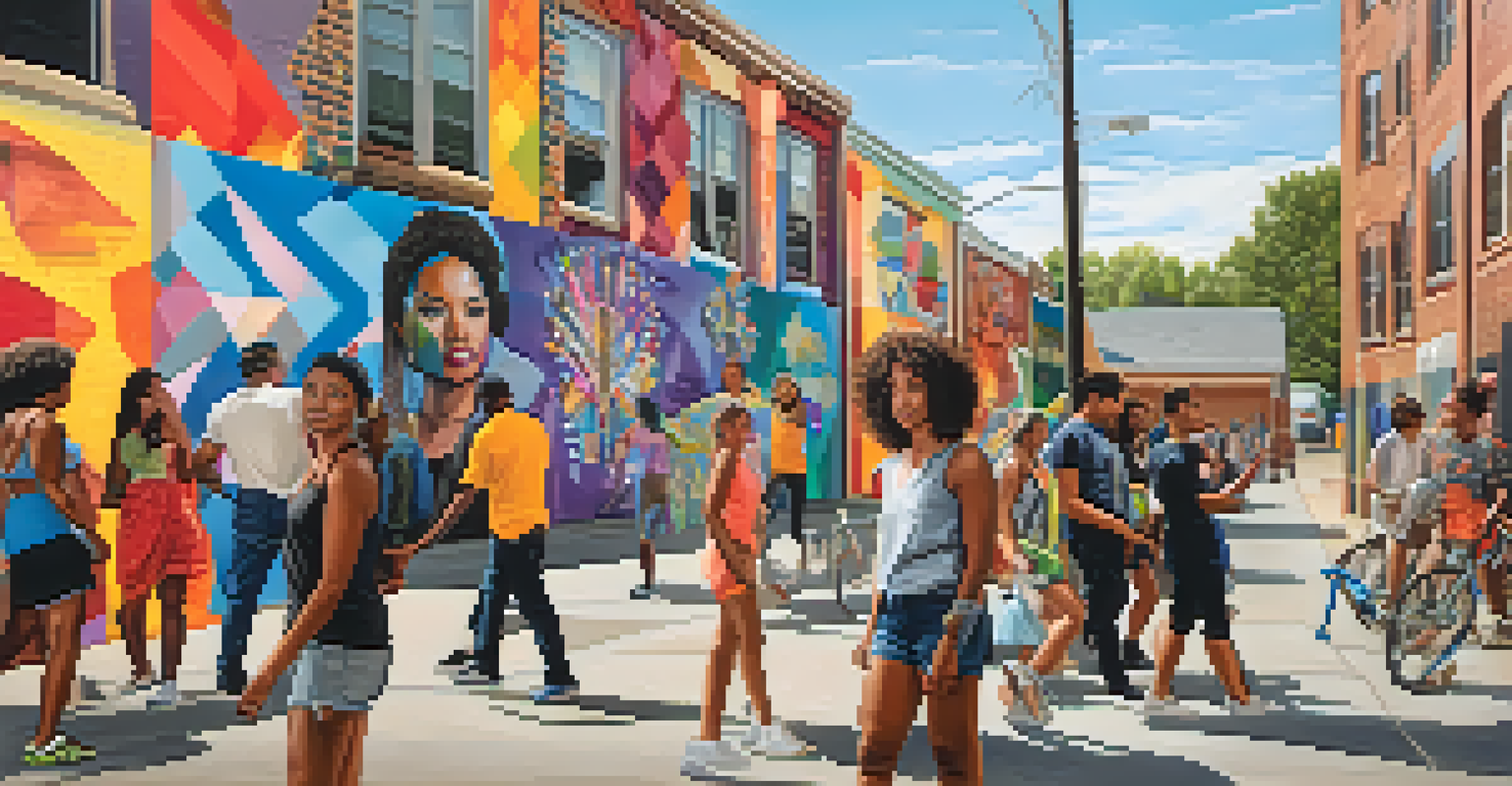 A vibrant mural celebrating gender and queer identities, with people admiring the artwork in an urban setting.