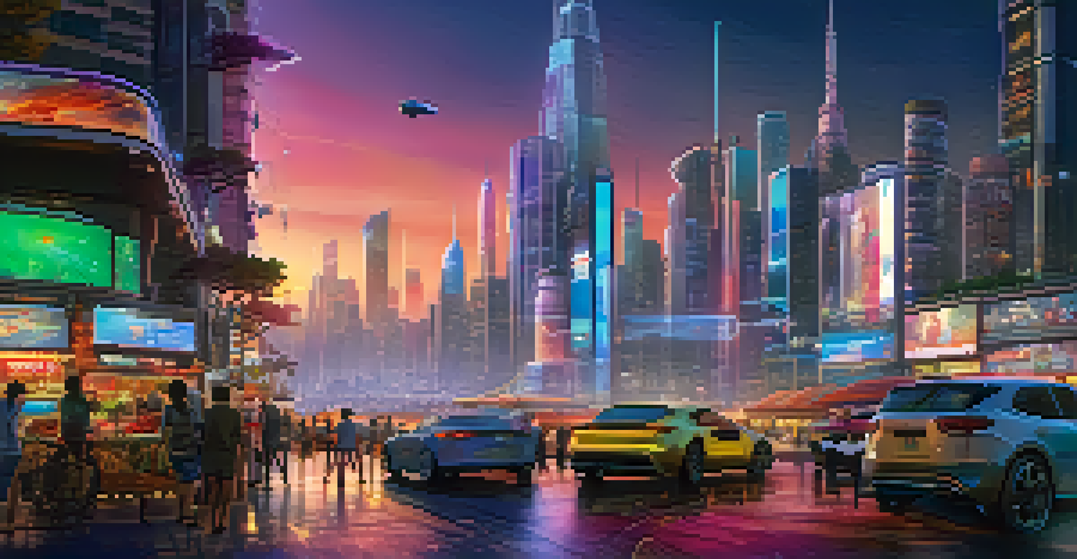 A vibrant futuristic city at night with neon lights, flying cars, and busy street markets.