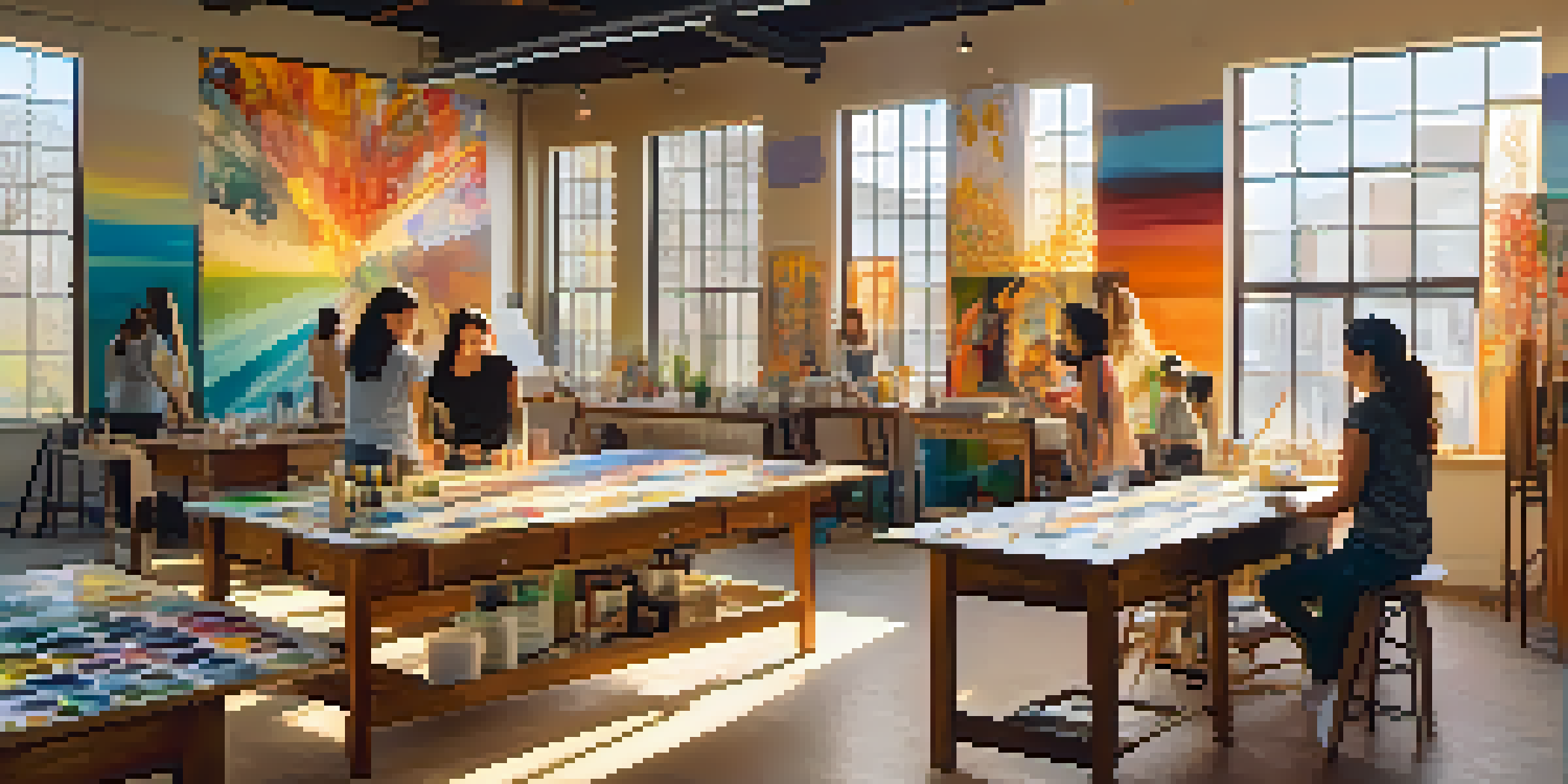A lively art studio where women artists are collaborating on a mural, illuminated by sunlight, showcasing diverse artistic styles.