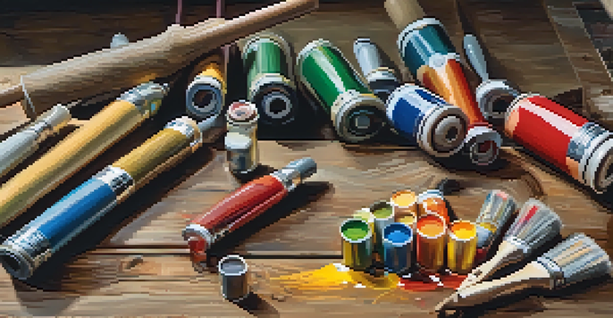 A close-up view of various paint rollers on a wooden workbench, displaying different textures and colors under warm natural lighting.
