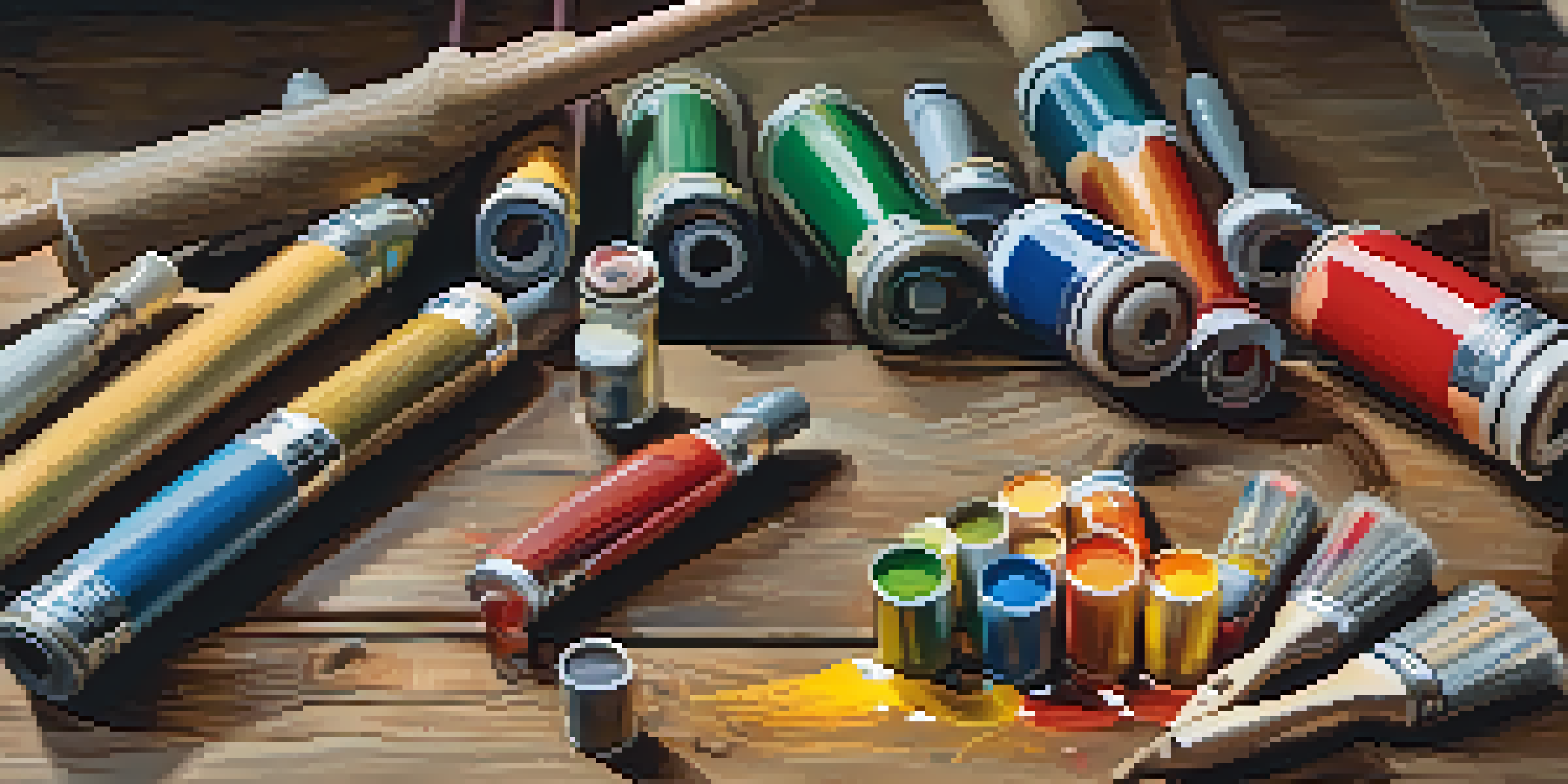 A close-up view of various paint rollers on a wooden workbench, displaying different textures and colors under warm natural lighting.