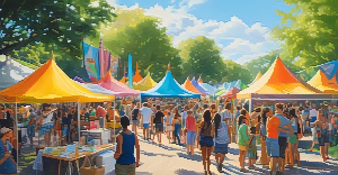 A lively outdoor art festival with colorful tents, artists painting, and diverse attendees under a bright sun.