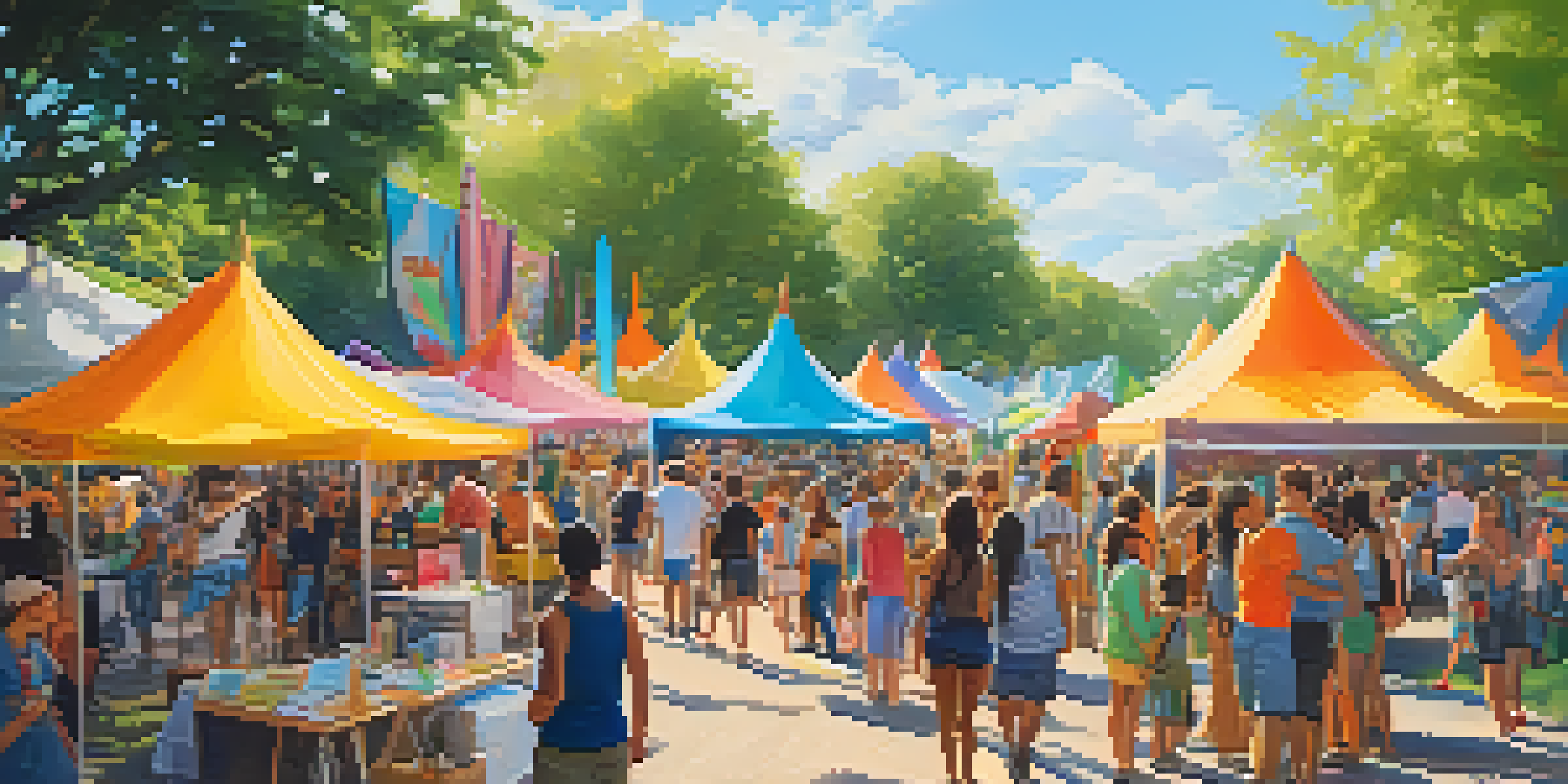 A lively outdoor art festival with colorful tents, artists painting, and diverse attendees under a bright sun.