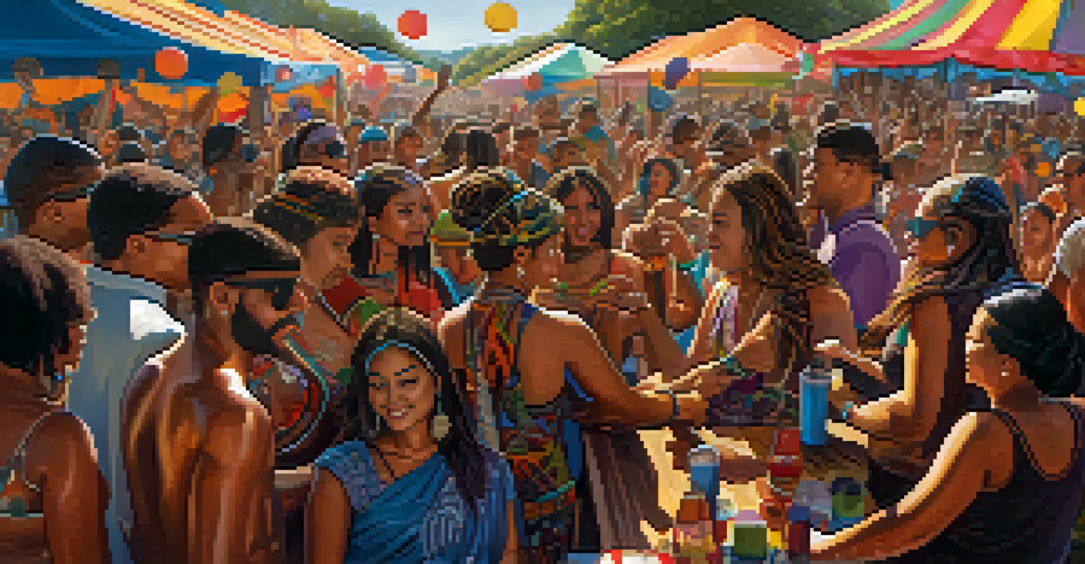 A lively music festival with diverse attendees painting their bodies with intricate cultural designs under warm sunlight.