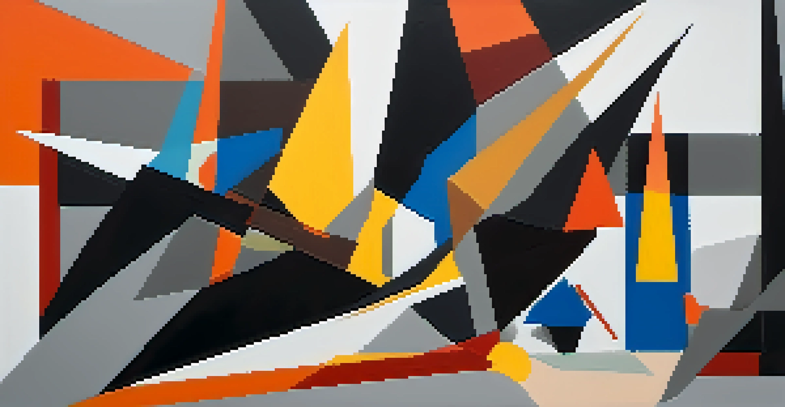 An abstract artwork featuring geometric shapes and contrasting colors, with a dynamic sense of movement.