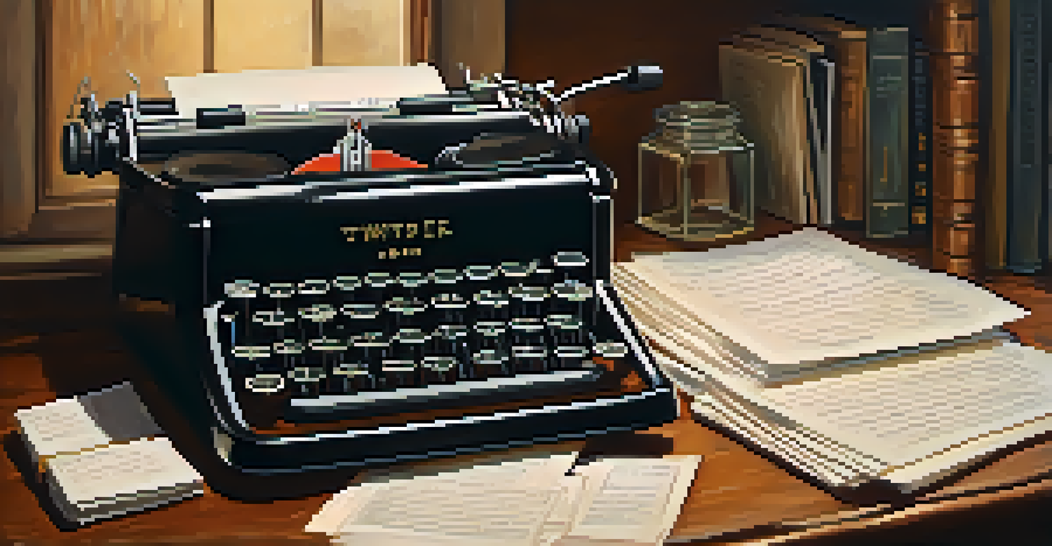 A vintage typewriter on a wooden desk with scattered handwritten notes.
