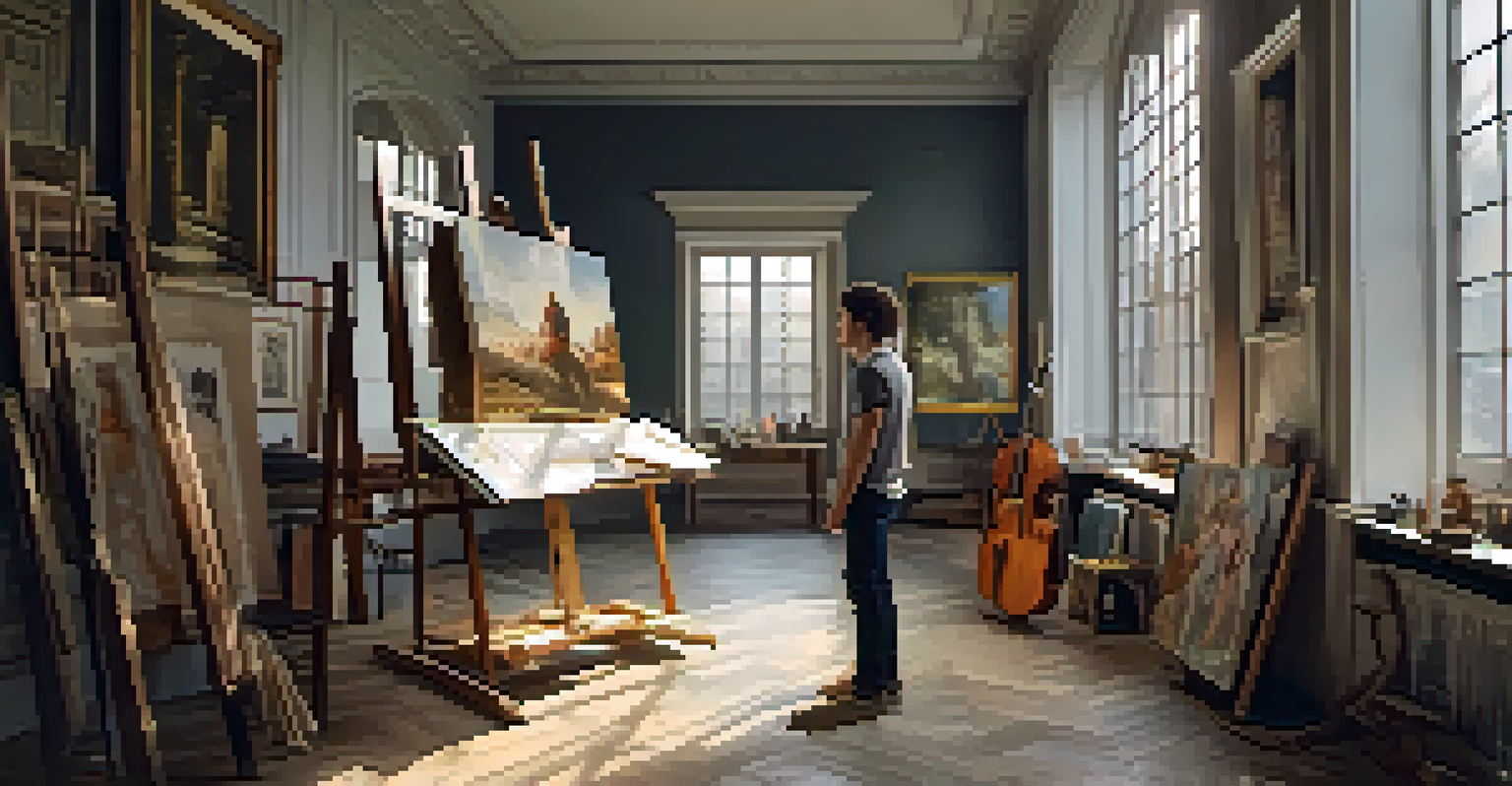 A Renaissance artist's studio featuring a model, canvases, and natural light streaming through a window.