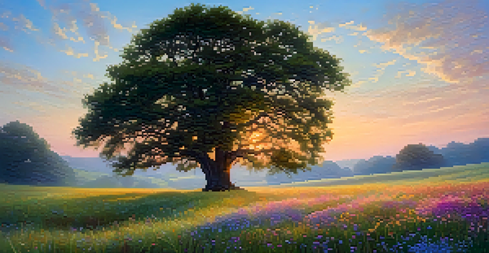 A tranquil landscape with an oak tree on the left side, wildflowers in a colorful field, and a pastel dawn sky.