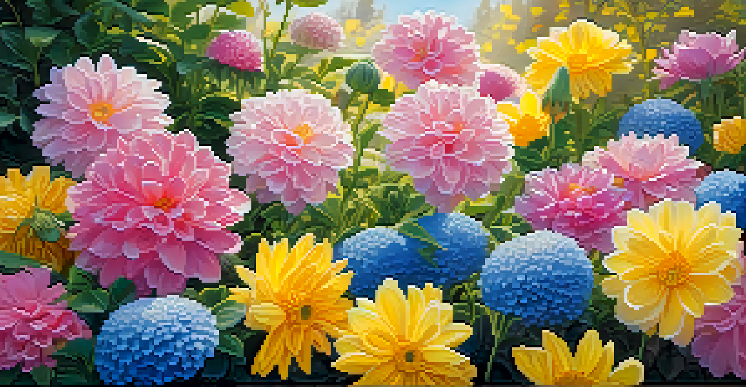 A close-up view of a colorful flower garden with dew on the petals.