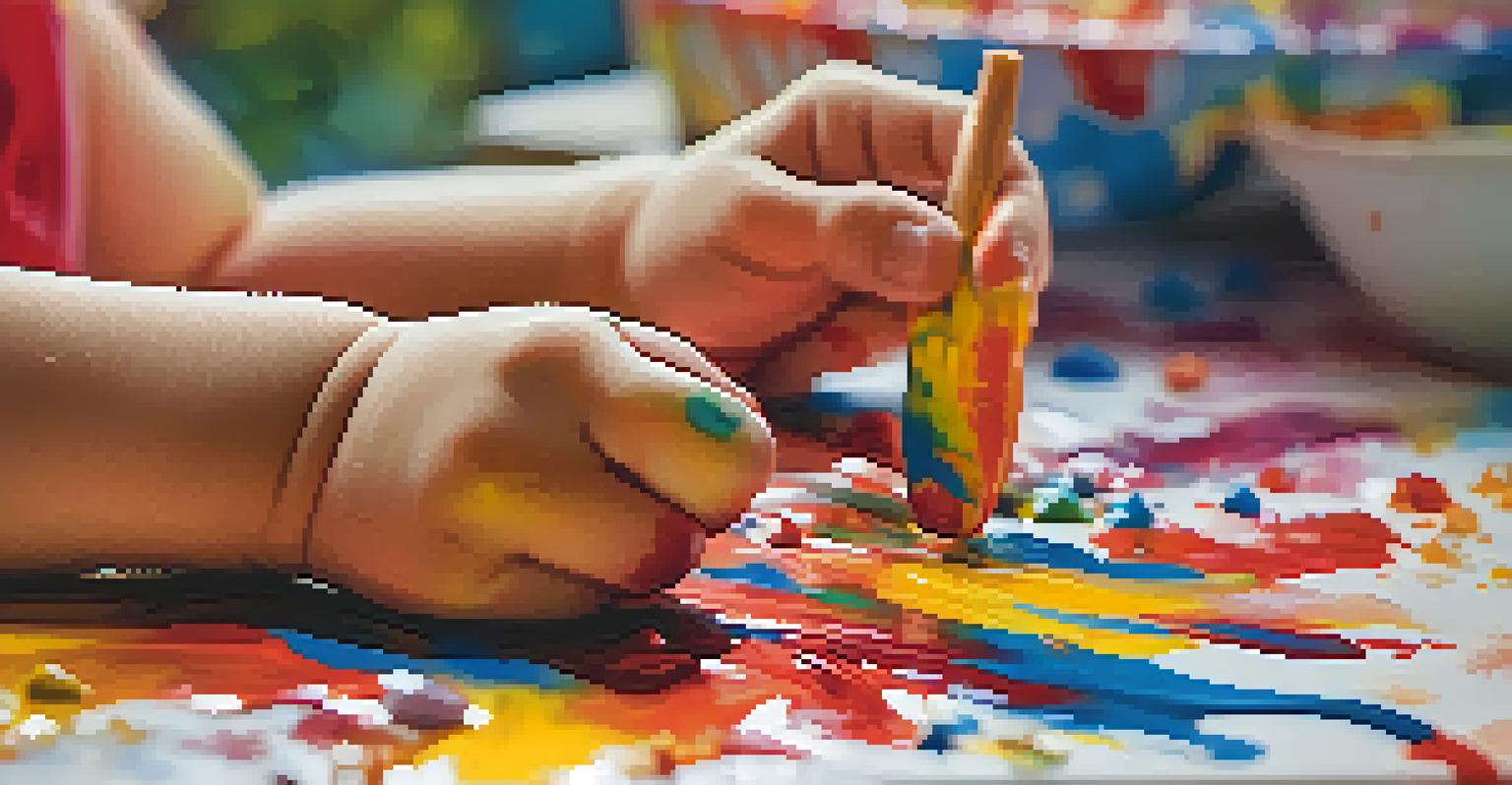 A close-up of a child's hands covered in colorful paint as they enjoy finger painting.