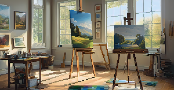 A bright art studio with an easel holding a landscape painting, surrounded by art supplies and framed artworks.