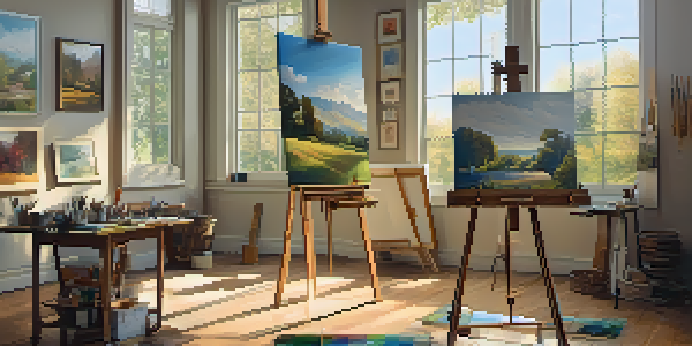 A bright art studio with an easel holding a landscape painting, surrounded by art supplies and framed artworks.