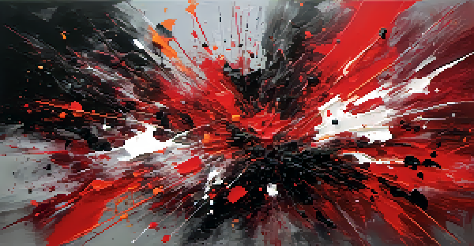 An abstract painting with chaotic brush strokes in reds and blacks, conveying movement and intensity.