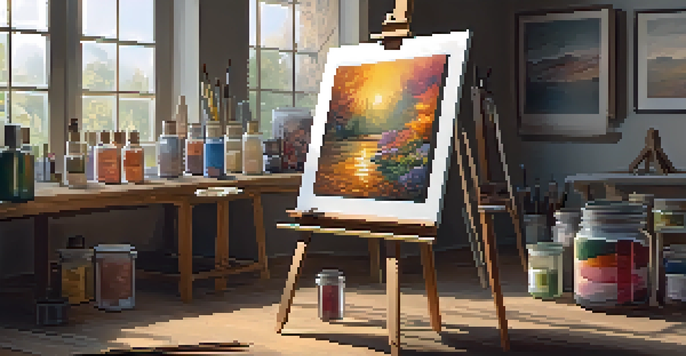 An art studio with a wooden easel and jars of tempera paint ingredients, bathed in natural light.