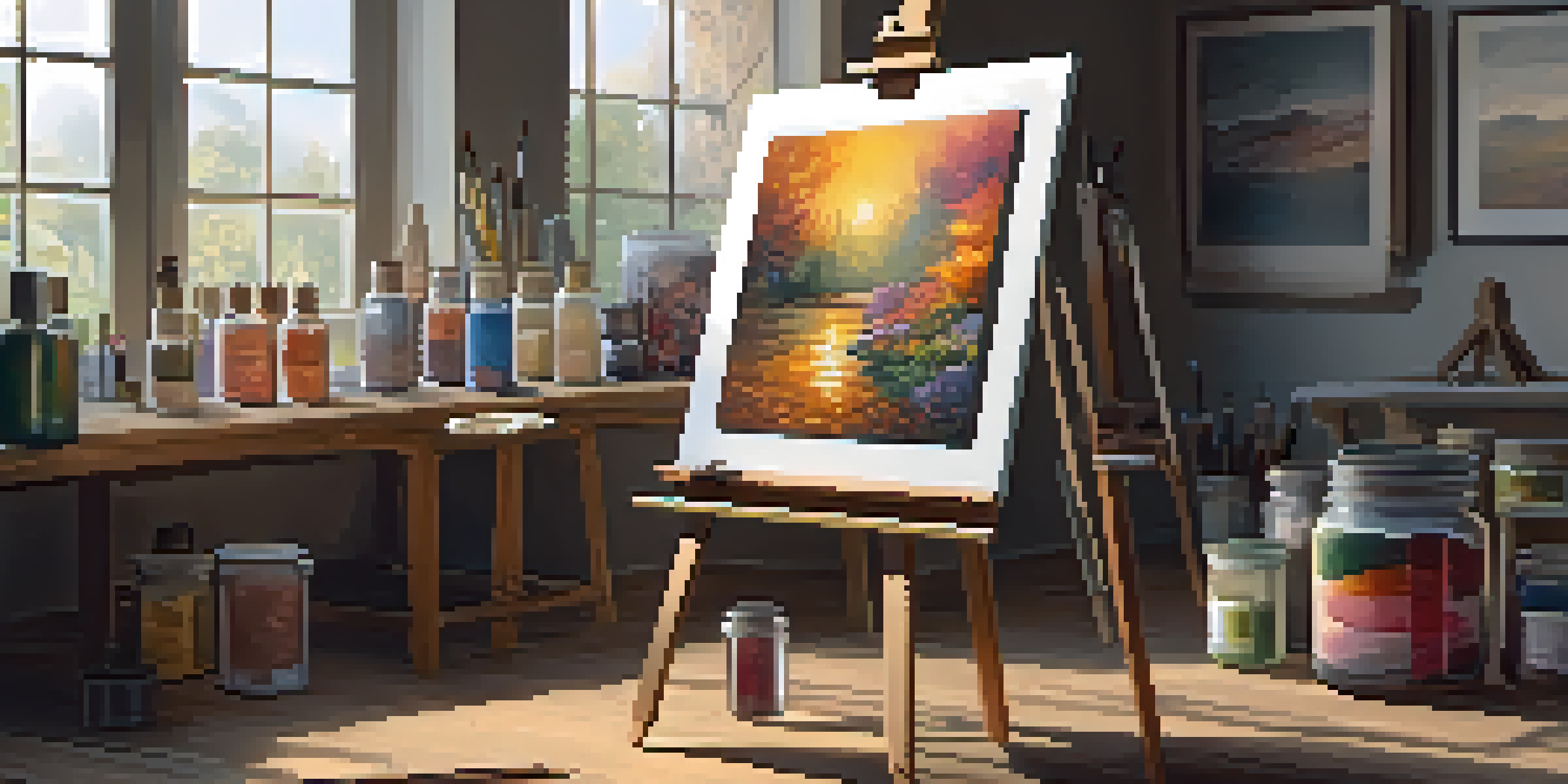 An art studio with a wooden easel and jars of tempera paint ingredients, bathed in natural light.