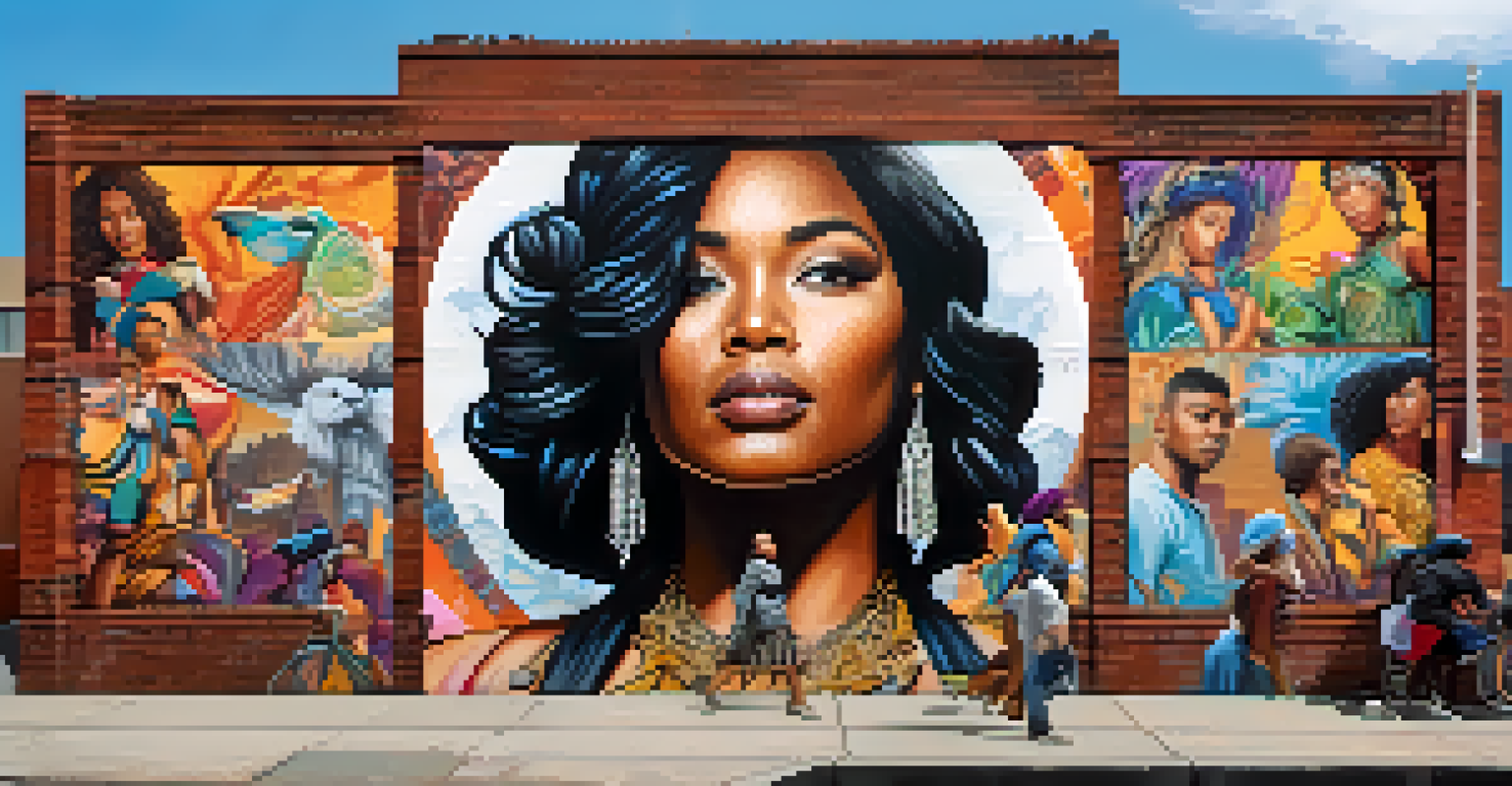 A vibrant mural by a female street artist showing a strong woman with symbols of empowerment, set in an urban area.