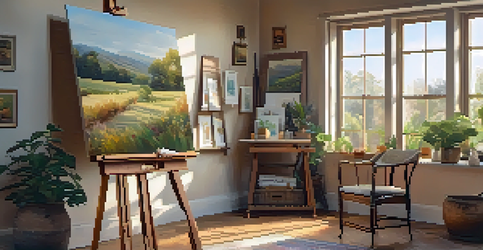 A warm and inviting art studio with a wooden easel, half-finished painting, and framed artworks on the walls.