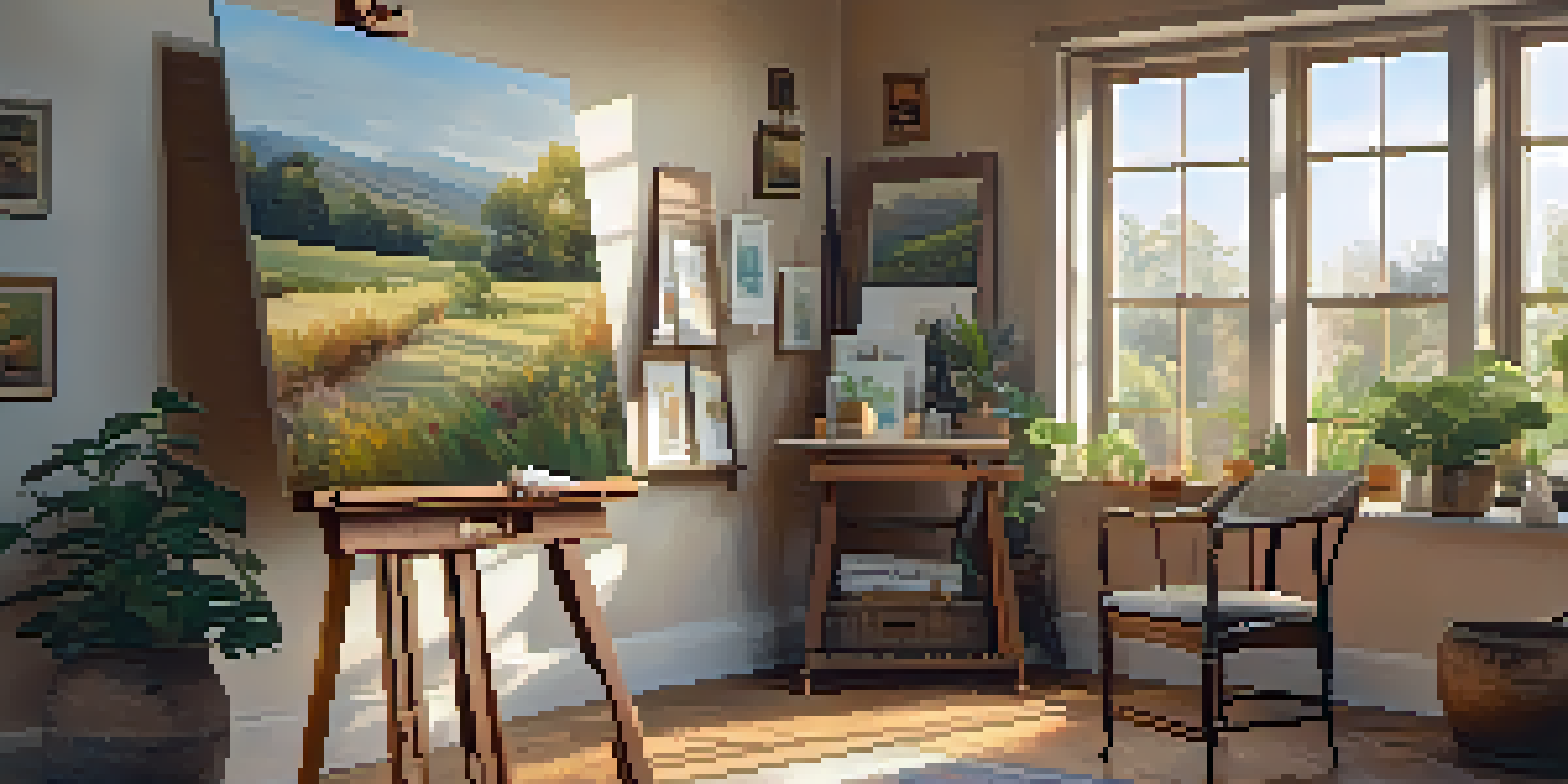 A warm and inviting art studio with a wooden easel, half-finished painting, and framed artworks on the walls.