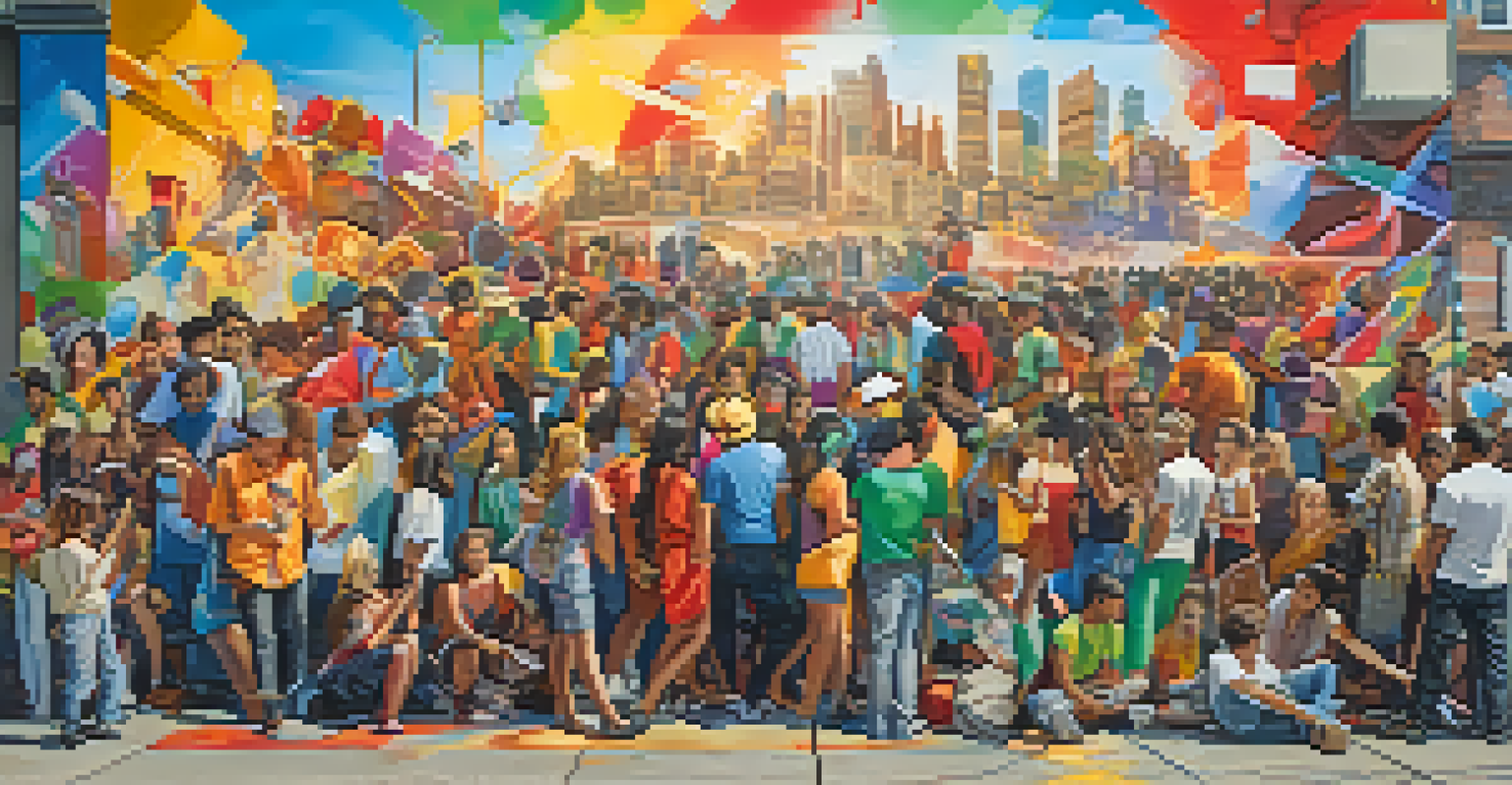 Artists from various cultures collaborating on a colorful mural in an outdoor setting.