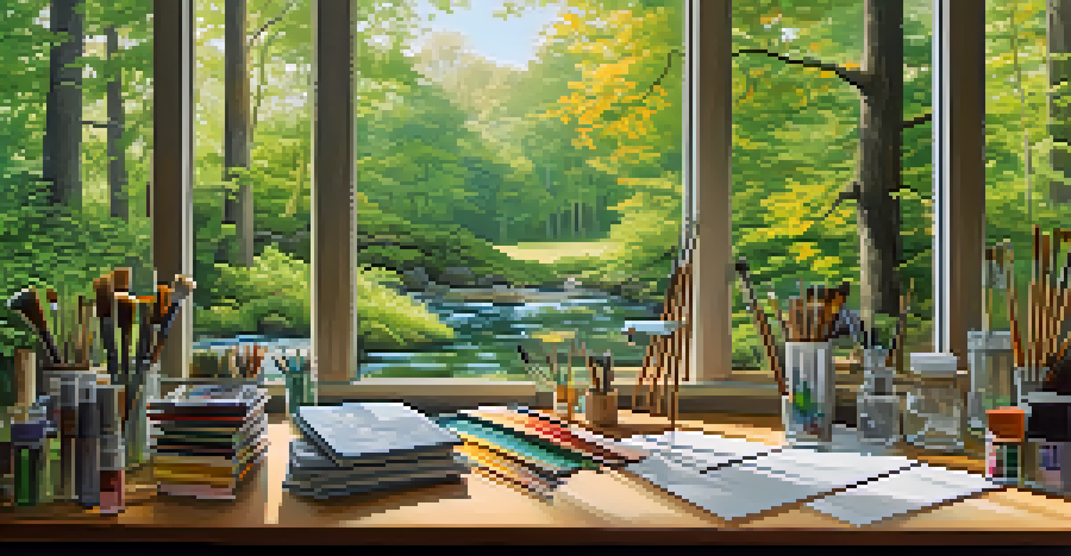 An artist's studio filled with art supplies and a half-finished landscape painting.