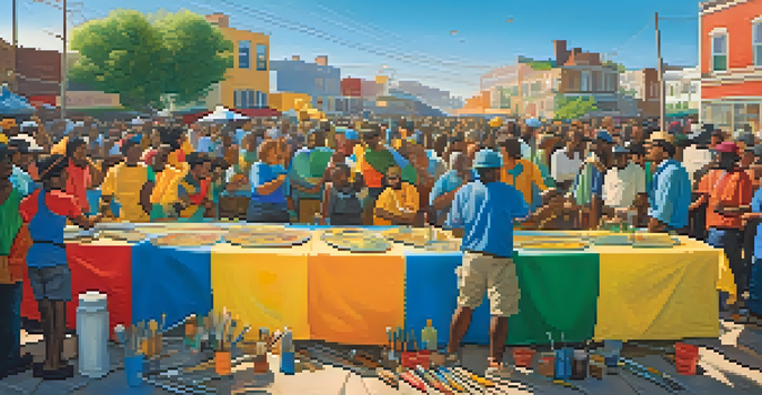 A colorful mural showing a diverse group of people collaborating on a painting, with tools and brushes around them and a sunset in the background.