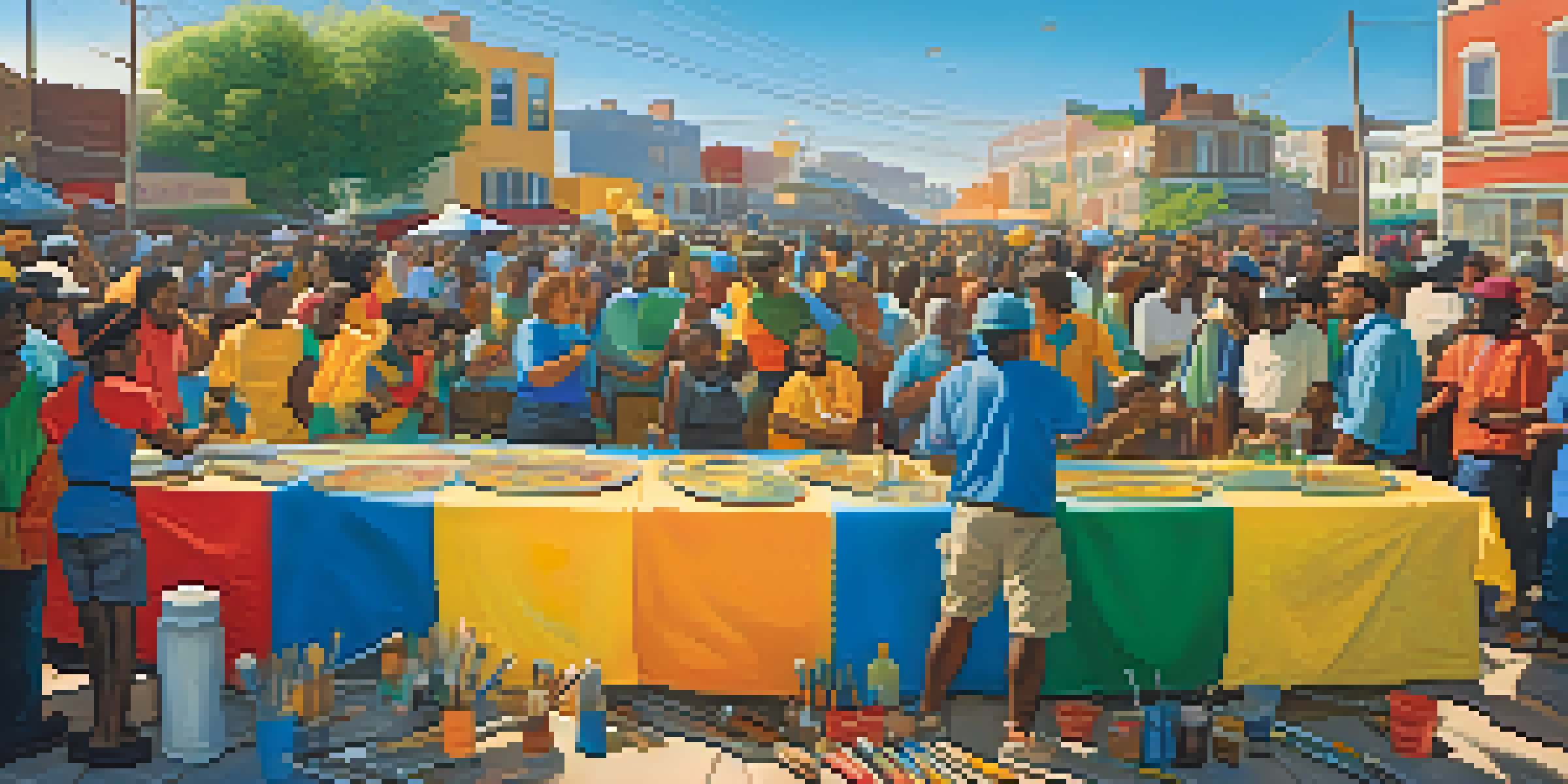 A colorful mural showing a diverse group of people collaborating on a painting, with tools and brushes around them and a sunset in the background.