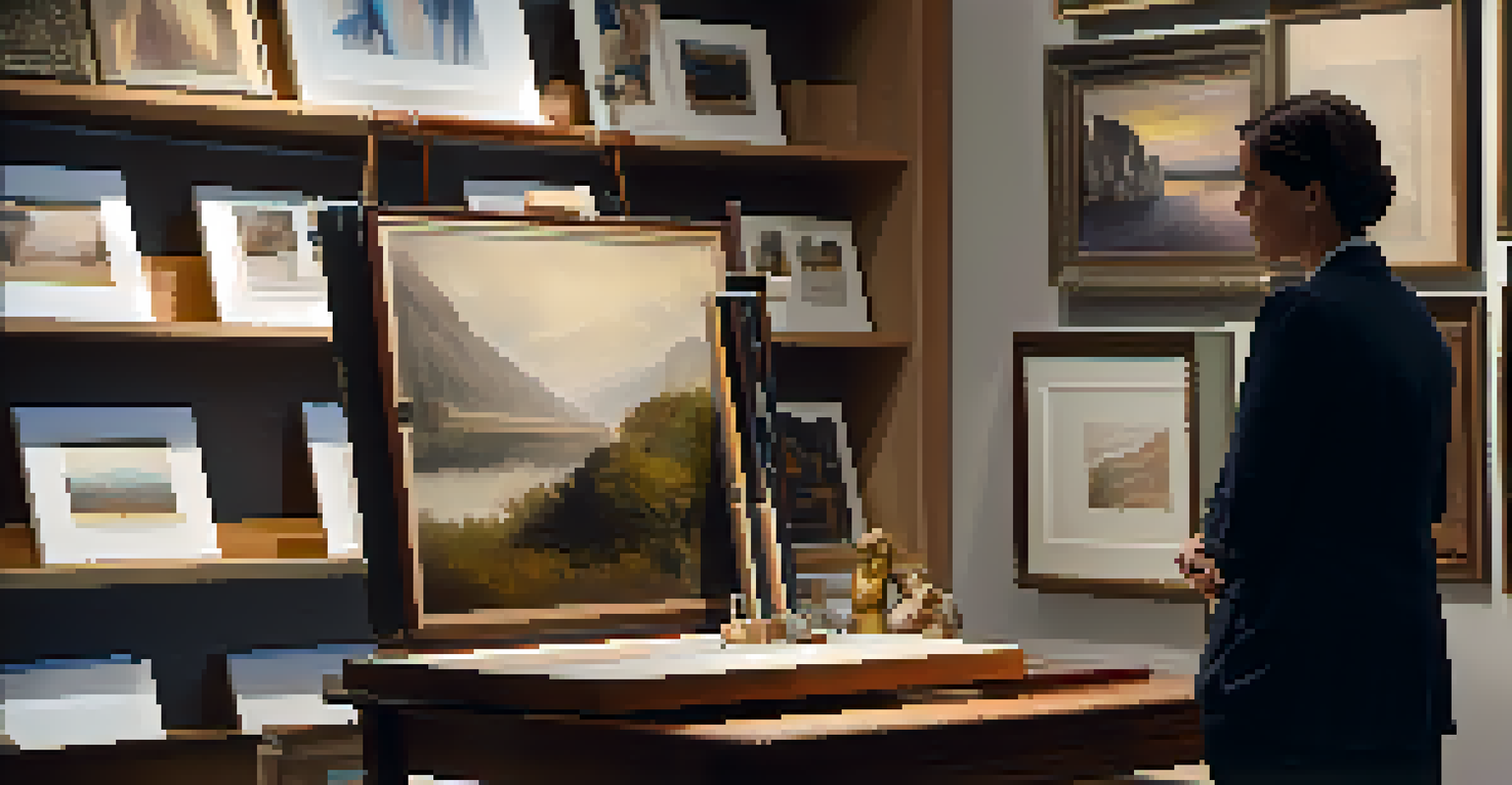 An art advisor discussing a modern artwork with a client in a cozy, well-decorated office.