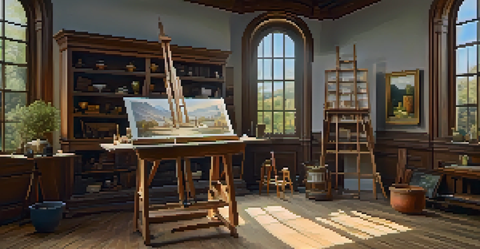 An artist's studio from the Renaissance period, with an easel, oil paints, brushes, and classical sculptures, illuminated by natural light.