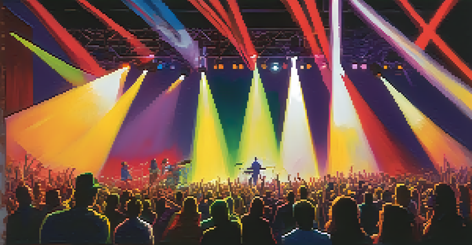A concert with colorful spotlights blending together, creating a vibrant atmosphere.