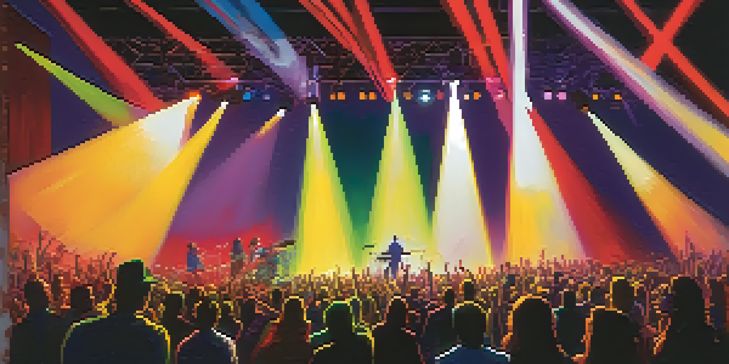 A concert with colorful spotlights blending together, creating a vibrant atmosphere.
