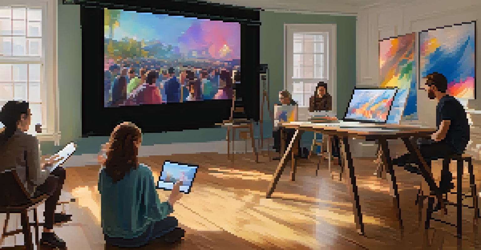 An artist live streaming their painting process, engaging with viewers in a cozy room.