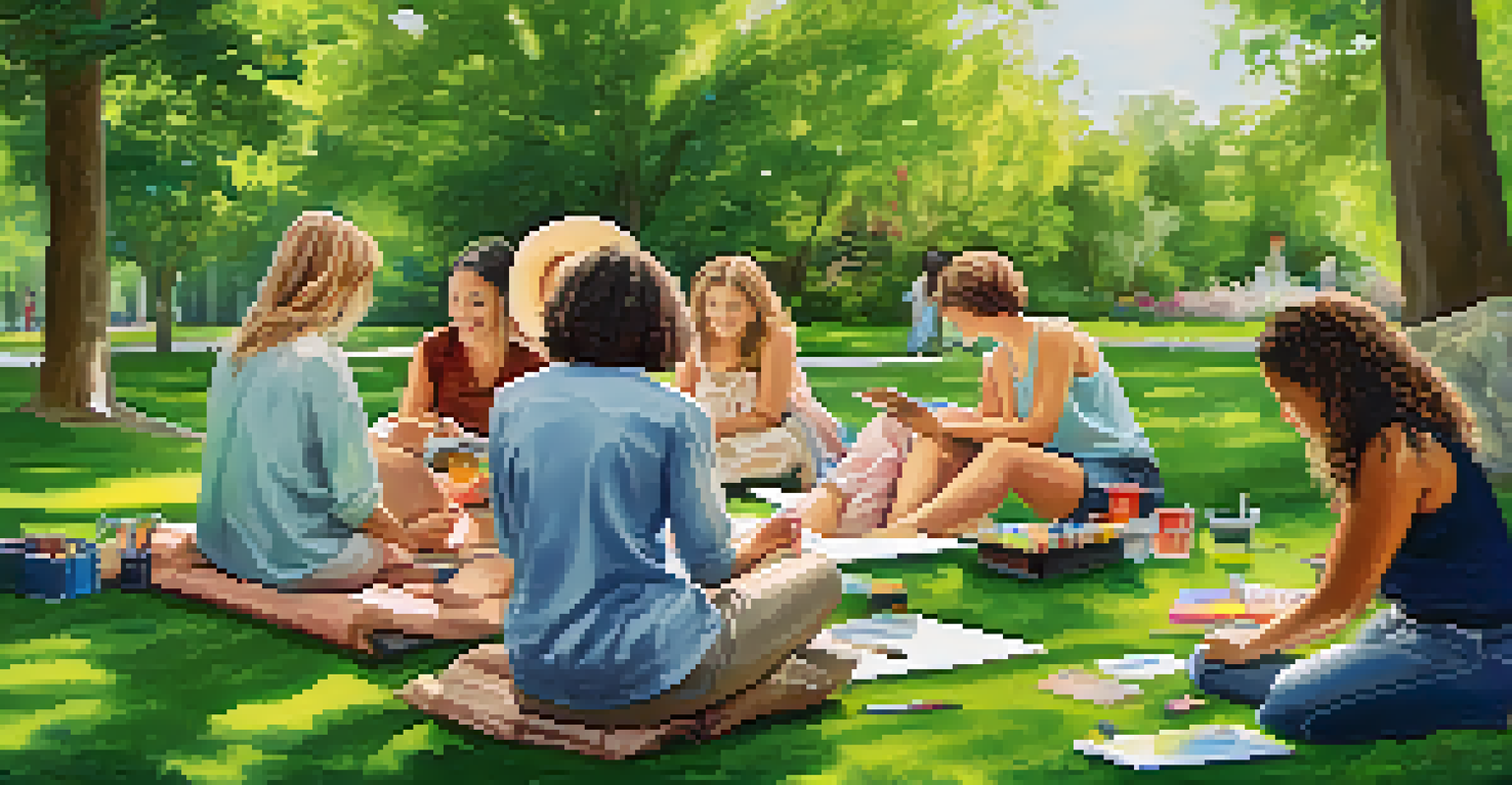 A group of people engaged in art therapy outdoors in a park, collaborating on art projects amidst nature.
