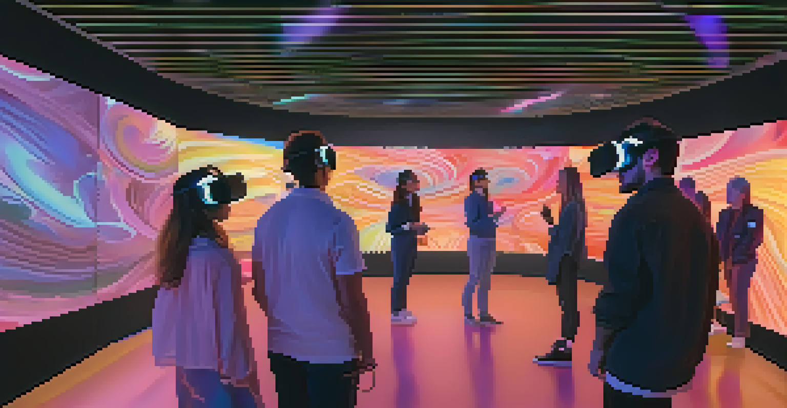 A group of people interacting with a vibrant VR art installation, surrounded by colorful holographic visuals in a modern space.