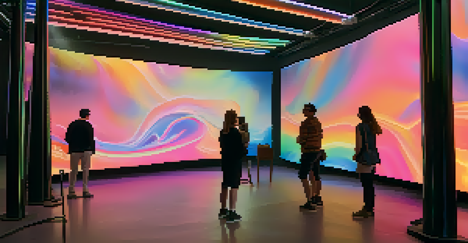 An art exhibition featuring interactive installations with colorful digital art, ambient lighting, and visitors engaging with the exhibits, creating a sensory experience.