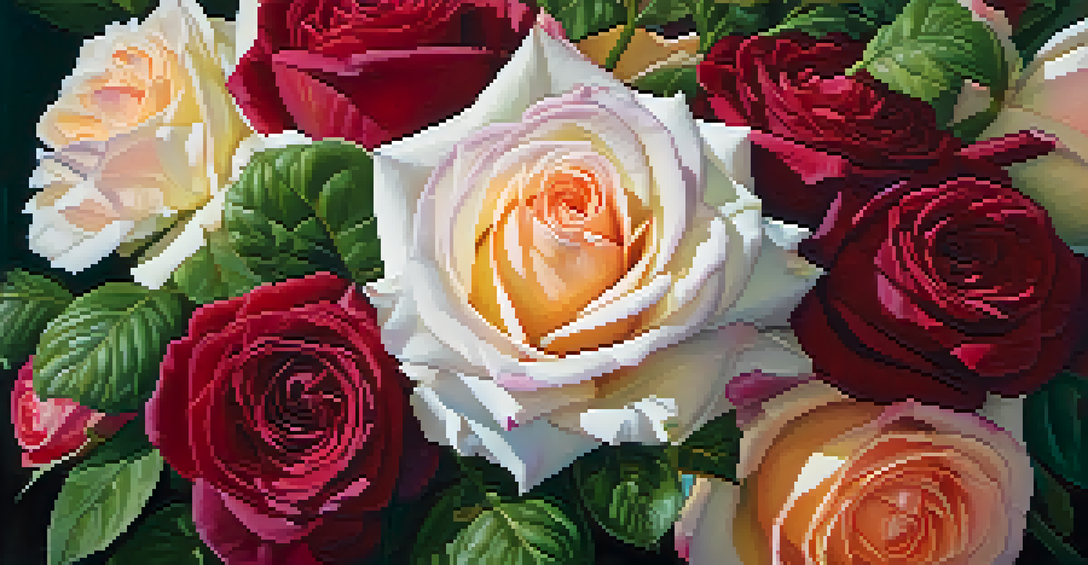 A close-up of a flower bouquet with a large rose in the center and smaller flowers arranged asymmetrically around it.