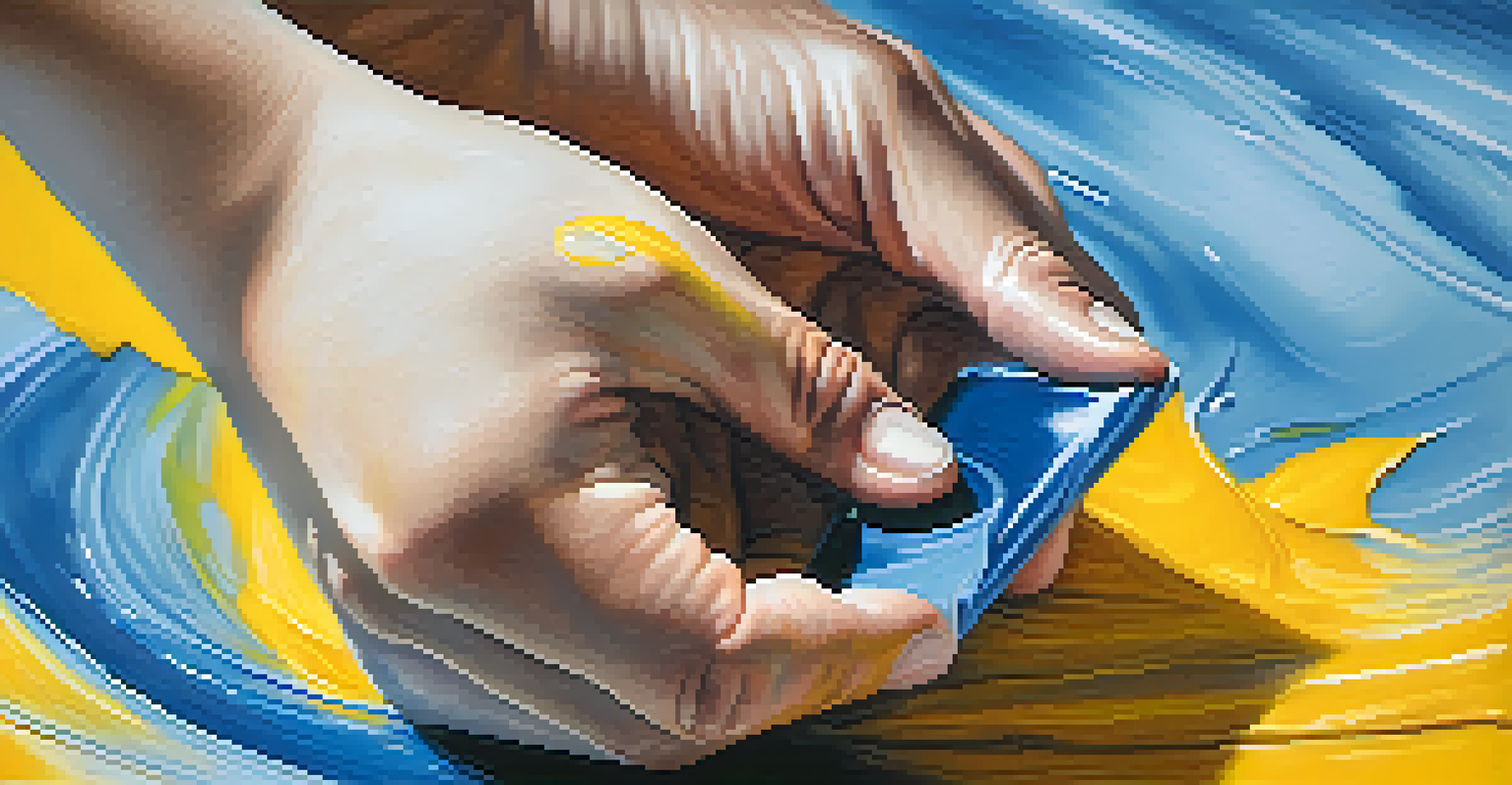 An artist's hands blending blue and yellow paints on a canvas, showcasing the texture of the paint.