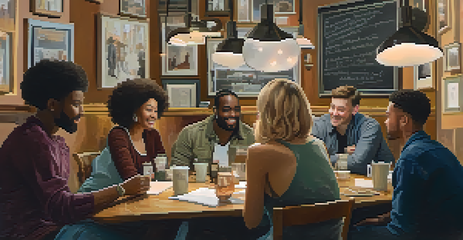 Diverse artists in a café discussing their artwork, with sketches on tables and warm cafe lighting.