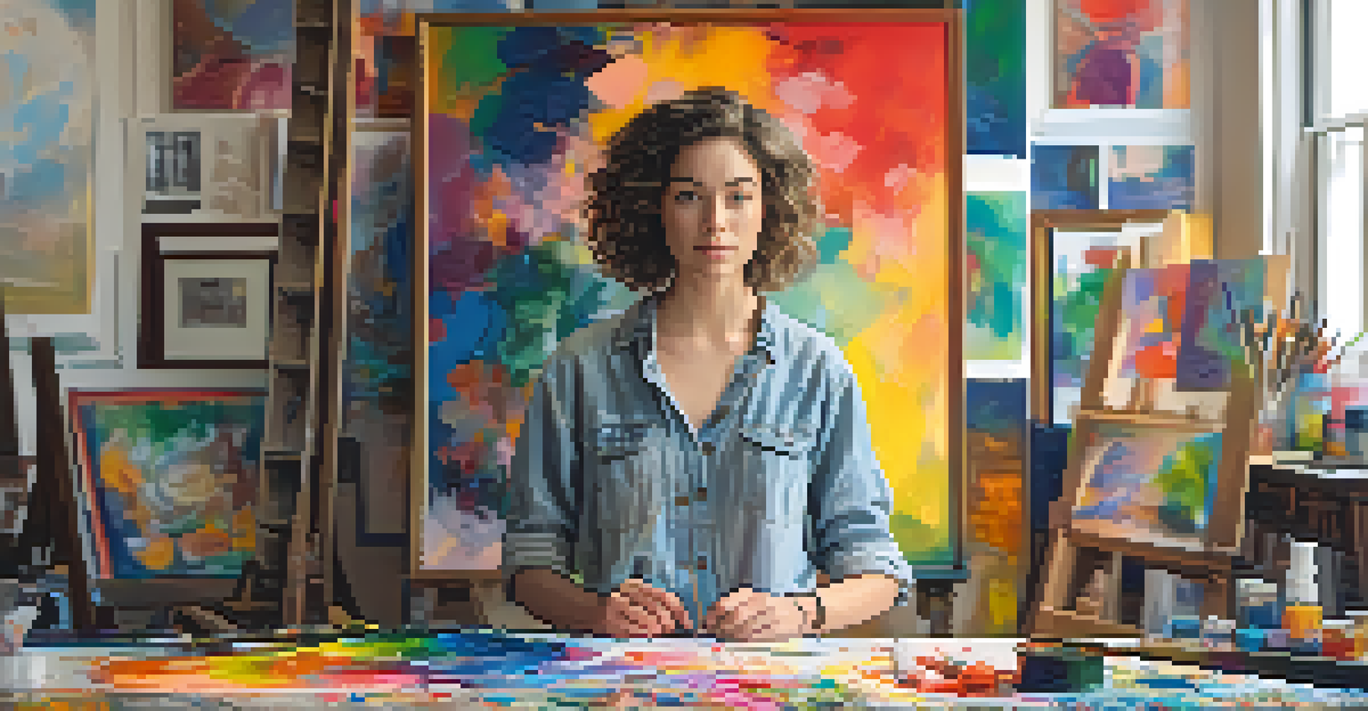 A young artist standing confidently in a colorful studio, surrounded by their artwork, with bright paint splashes and natural light.