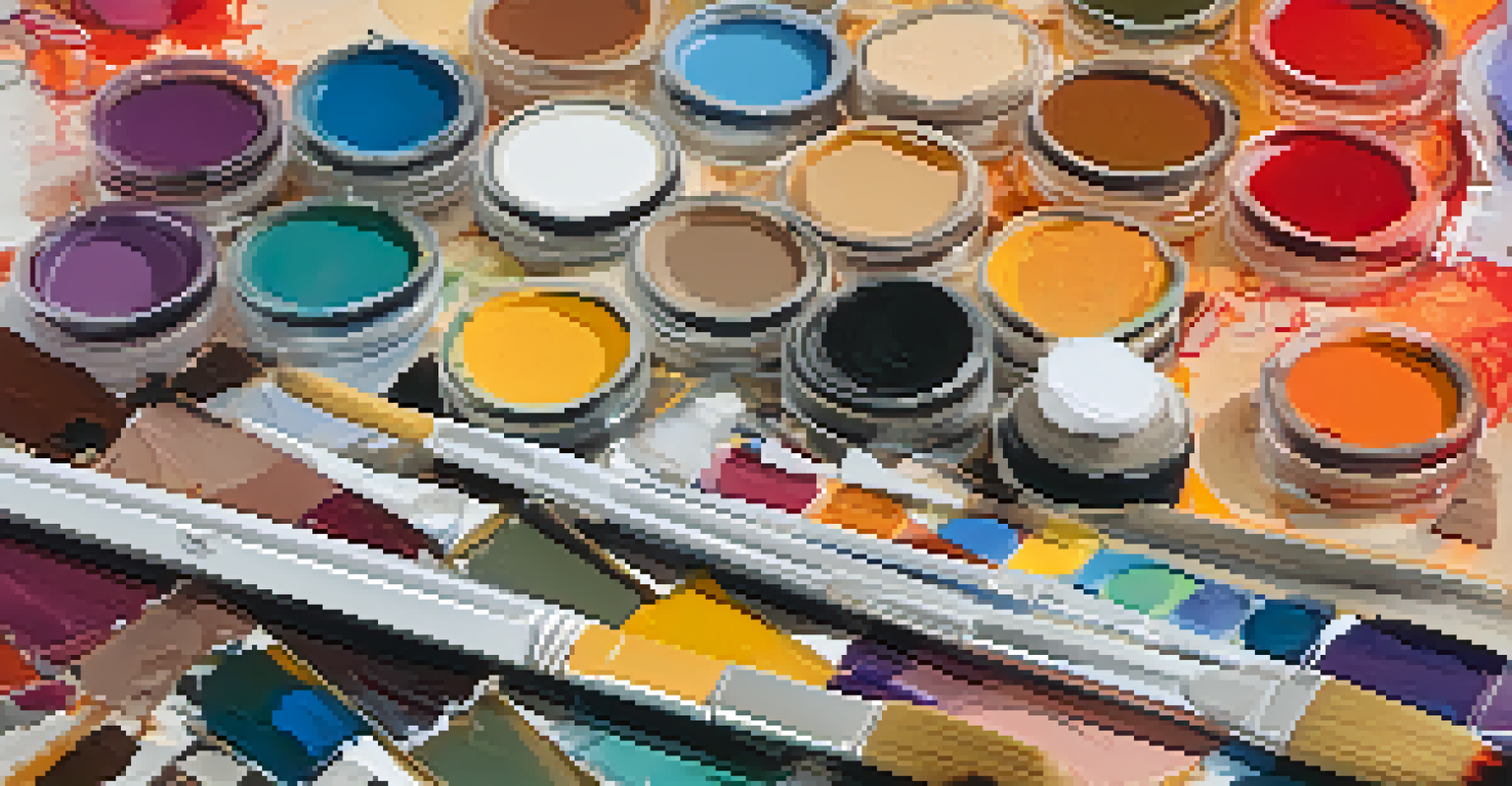 A close-up of a colorful collage in progress with textured papers and glossy adhesive, surrounded by art supplies.