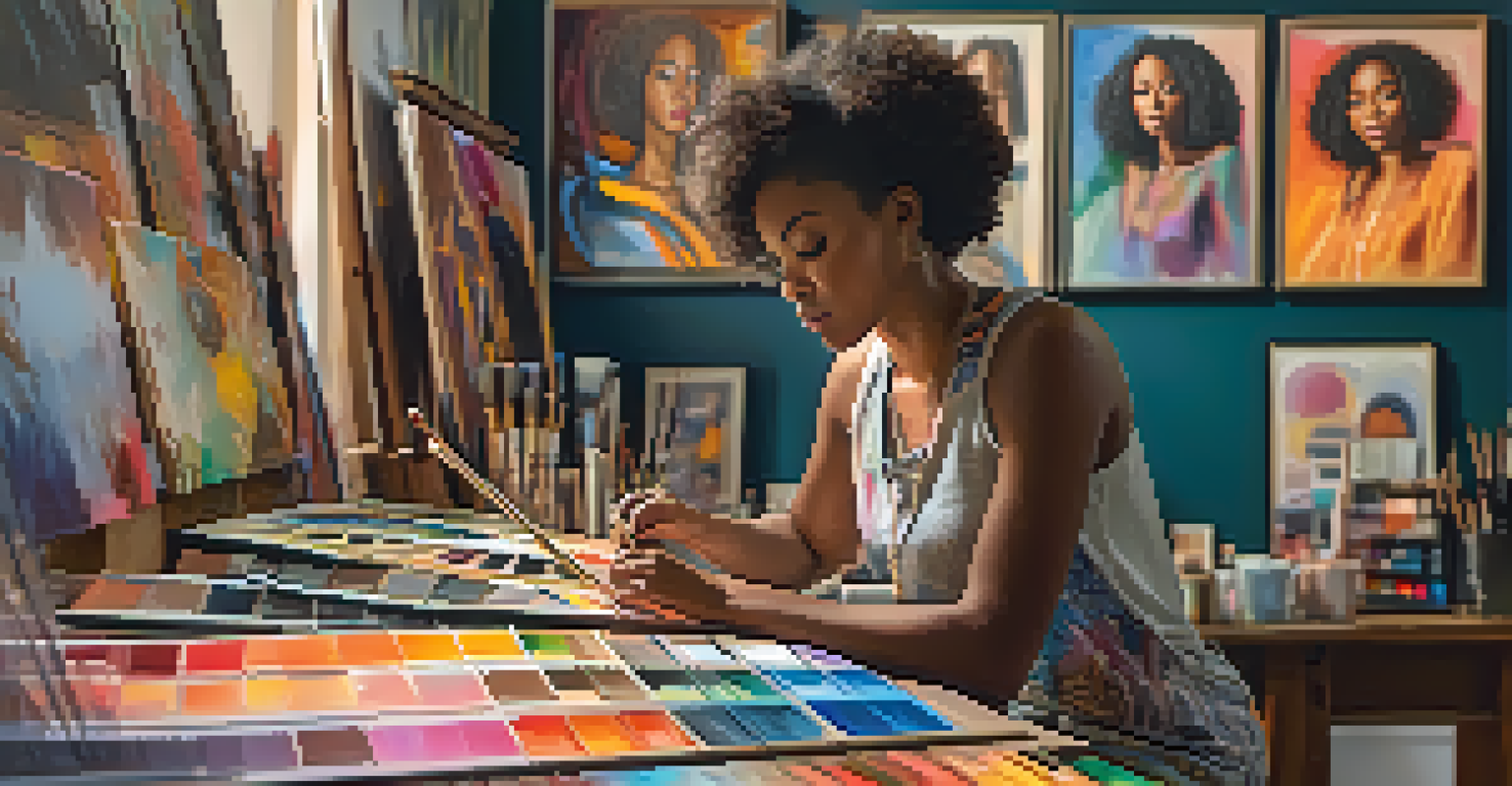 A portrait of a Black female artist in a studio, surrounded by colorful paintings, focusing on her work.