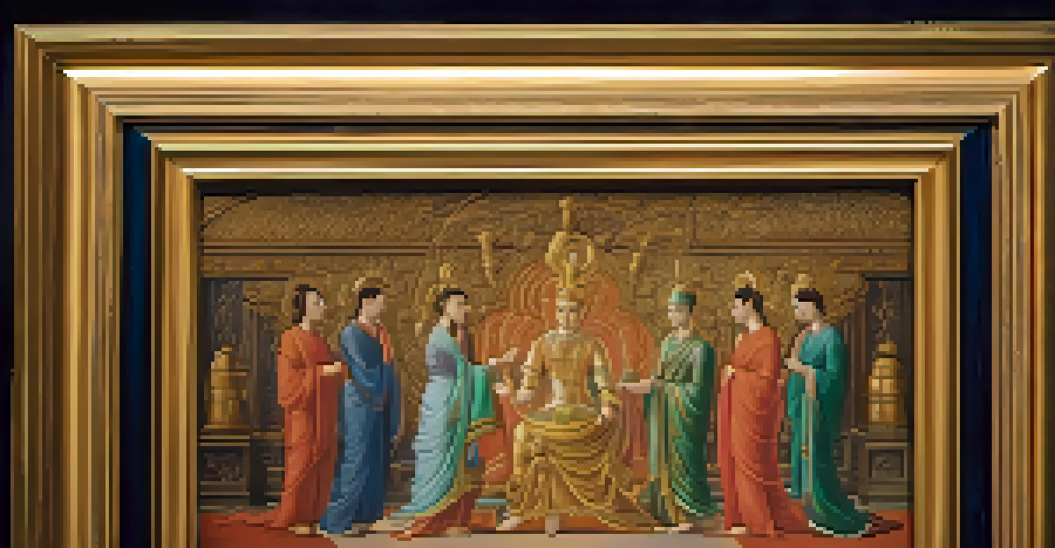 A close-up of an ancient painting with intricate brushwork and vibrant colors, framed in gold, illuminated by soft lighting in a gallery setting.