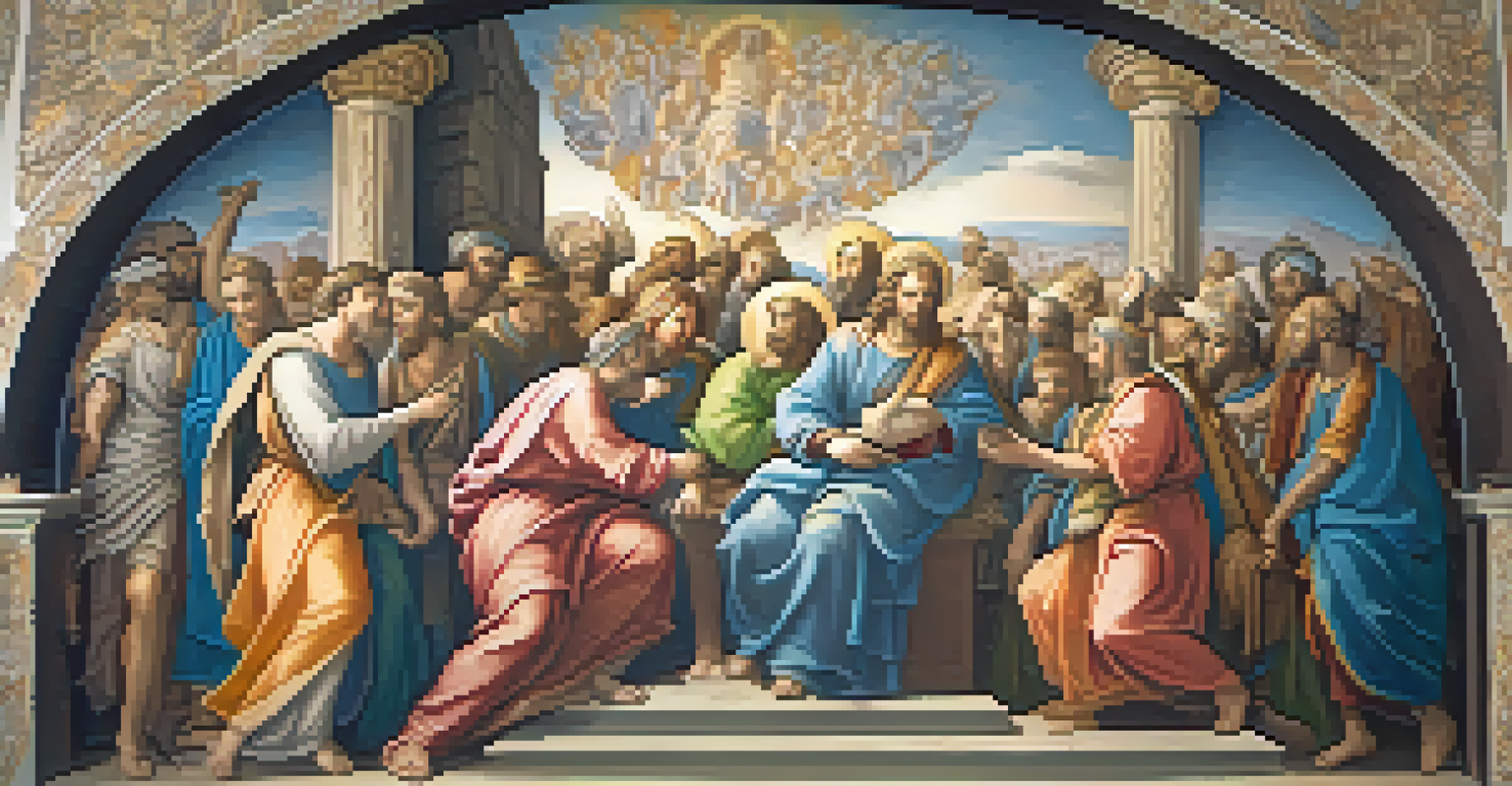 A colorful fresco showing a biblical scene with dynamic figures and intricate details, illuminated by natural light.
