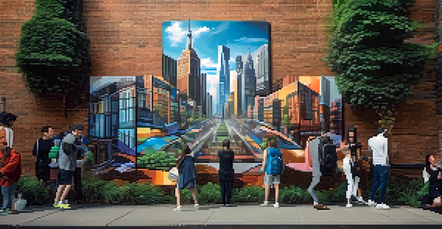 A street art scene with a mural of a city skyline enhanced by augmented reality, showing people interacting with digital elements on a brick wall.